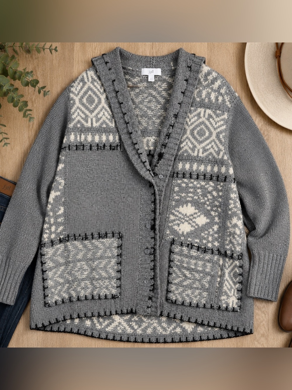 J.Jill Hooded Fair Isle Cardigan Sweater Size Medium Gray Cream - Picture 5 of 10